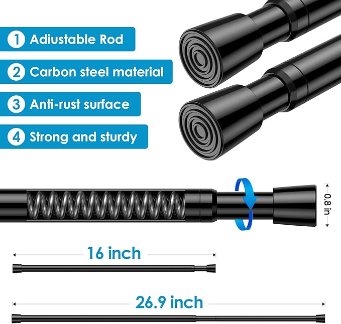 6pack Black Tension Curtain Rod 16-26.9 inch Spring Tension Rod Curtain Rod Adjustable Spring Rod Extendable Tension Rod for Kitchen, Bathroom, Window, Closet.