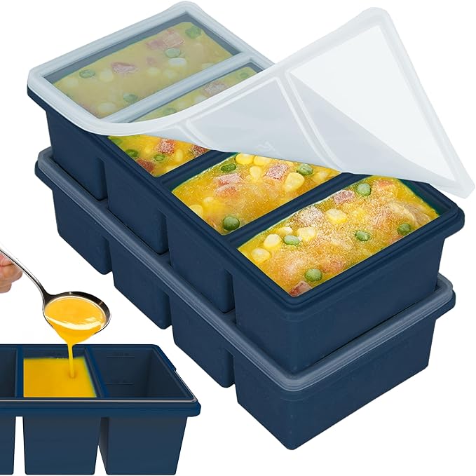 1 cup Silicone Freezer Trays with Lids, Soup Container Style Ice Cube Trays, Easily prepare portioned meals, Great for storing soups, leftovers, sauces and other dishes, Dishwasher, Oven Safe – 2 Pack