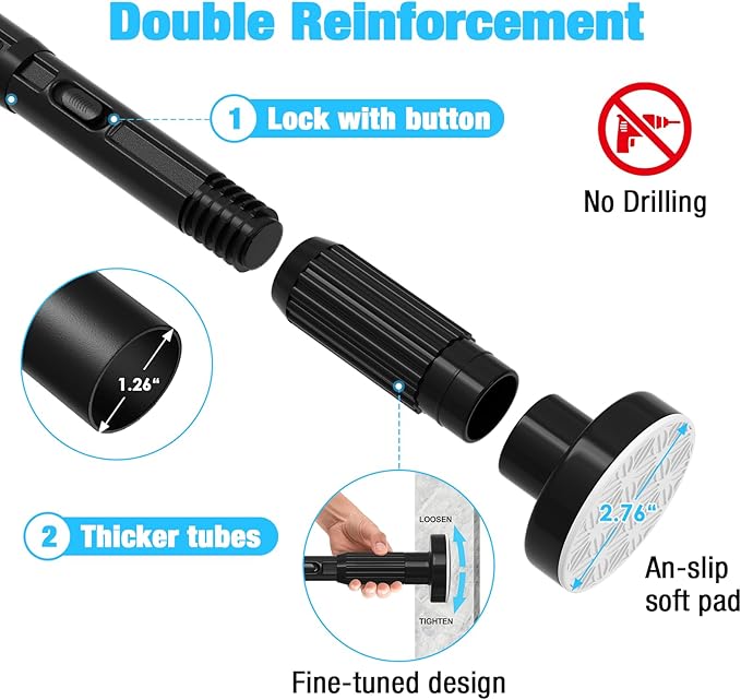 2 Pack Black Tension Curtain Rods for Windows 41-166 Inch Heavy Duty Tension Rod Adjustable Curtain Rods No Drilling for Bathroom Living Room Outdoor Patio Hold Up Blackout Curtains and Non Slip