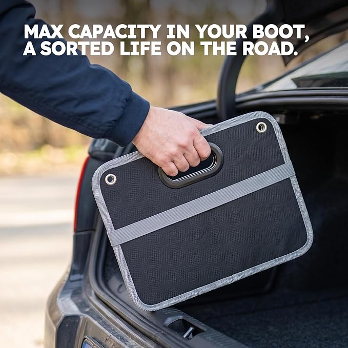 50L Car Trunk Organizer, Heavy-Duty 600D Oxford Collapsible Storage Box with 3-Compartments & Securing Straps, Foldable Organizer for SUV/Sedan/Truck, Car Accessories Storage
