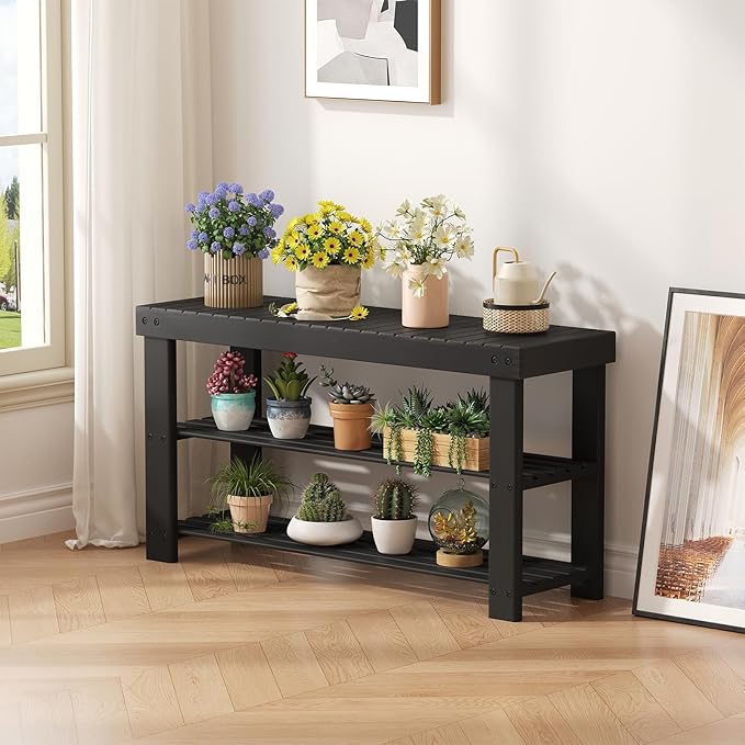 Sweetcrispy Shoe Rack Bench, 3-Tier Bamboo Entryway Storage Organizer, 286lb Capacity, Shoes Stand for FrontDoor Entrance, Bedroom, Living Room, Bathroom, Balcony, 35 Inches Length, Black