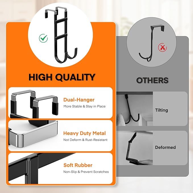 FYY Over The Door Hooks - 2 Pack Heavy Duty Double-Hanger Organizer for Bathroom Bedroom Dorm, Hanging Clothes Towels Hats Bags Ironing Board Wreath Robe - Fits Interior Doors Up to 1.6” Black