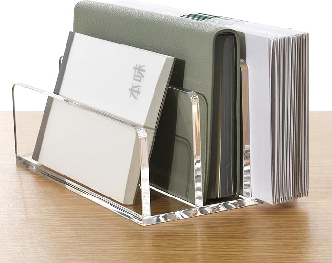 3 Compartments Clear Acrylic Mail Holder – Vertical Letter Sorter & Multifunction Desk Organizer for Bills, Documents, Notebooks – Modern Office/Home Envelope File Rack
