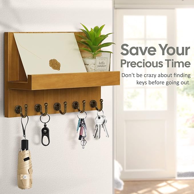 HONJIN Farmhouse Wall Key Holder for Wall : Holiday Card Slot Design Wooden Mail Organizer Wall Mount Dog Leashes Holder Hanger (Light Brown)