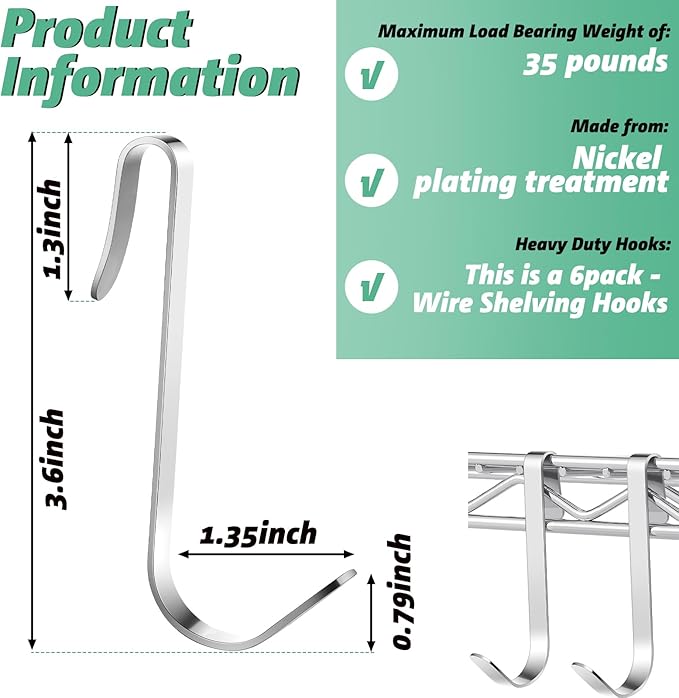 Yaocom 6 Pcs J Hook for Wire Shelving 3.6 Inch Large Heavy Duty Metal Shelf Hooks for Wire Shelves Racks Closet Shelving Accessories
