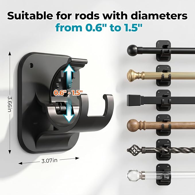No Drill Curtain Rod Brackets - 20LB, 6 Pack Self Adhesive Curtain Rod Holder, Peel and Stick Wall Hooks, Renter Friendly Upgrades for Apartment, Kitchen, Bathroom, Dorm, Living Room and RV