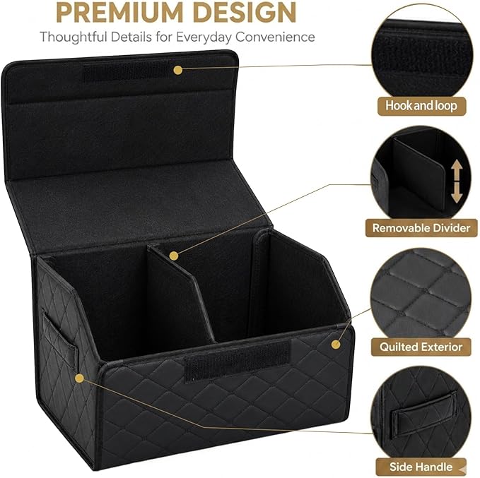 1Pack Leather Trunk Organizer for SUV & Sedans - Extra Large Foldable Car Storage Box with Lid, Adjustable Removable Dividers and Carry Handle, Collapsible Auto Cargo Organizer Black (1)