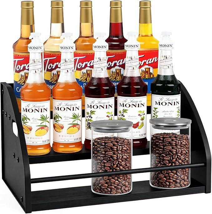 Coffee Syrup Rack- Extra Large for 15 Syrup Bottles Holder- Rustic Countertop Display Shelf for Liquor Bottles, Coffee Bar, Kitchen Cabinet- Pantry Storage for Water Bottles, Spirits & Whiskey