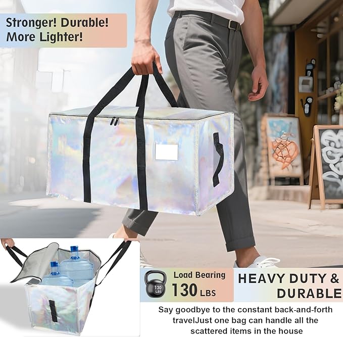 12 Pack-Extra Large Heavy Duty Moving Bags - Waterproof Storage Totes with Handles & Zippers, Foldable for College Dorm, Storage (Shiny Color)