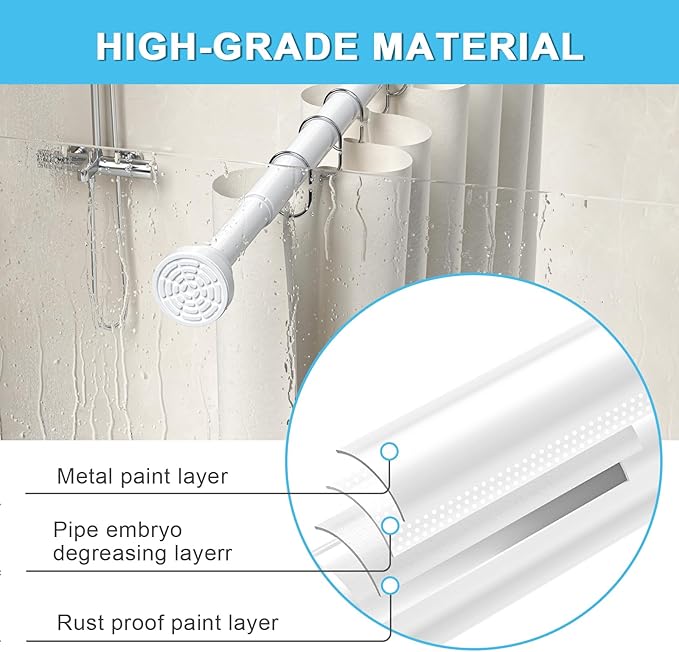 AIZESI White Tension Curtain Rod 30-63 Inch 1PCS, Non-slip Spring Curtain Rod For Windows, No-drilling Adjustable Tension Rod,Non-rust Spring Tension Rod For Doorway Bathroom Kitchen Bedroom