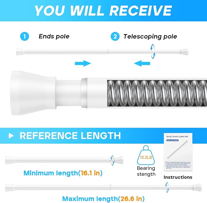 White Tension Rods 16 to 26 2PCS Spring Curtain Rod No Drill Small Tension Rod Tension Curtain Rod Adjustable Curtain Rod Tension for Bookshelf Diy Projects Kitchen,Cupboard,Bathroom,Wardrobe