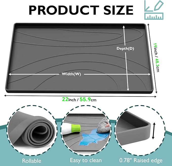 Under Sink Mat 22" x 19", Silicone Under Sink Liner for Kitchen and Bathroom, Waterproof Cabinet Protector Drip Tray, Protects Cabinets from Leaks and Spills