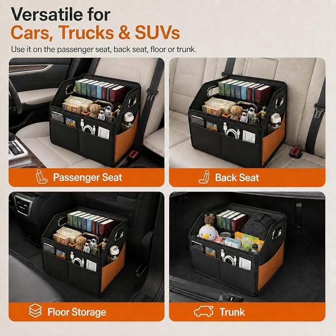 Noaman Car Organizer - 2025 Upgraded Leather Car Storage Organizer for Front Back Seat or Floor with 3 Metal Handles 6 Apartments, Multipurpose Car Organizers and Storage Black.