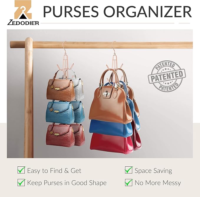ZEDODIER 2 Pack Purse Organizer for Closet, Heavy-Duty Hanging Purse Hanger Closet Holds Up to 12 Purses, Metal Rotating Space Saving Bag Holder Handbag Storage Hook Backpack Rack, Rose Gold