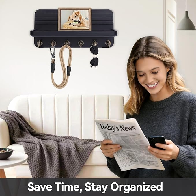 Key Holder for Wall, Mail Organizer Wall Mount with 6 Hooks Wooden Hanging Key Rack for Home Decor, Hallway, Entryway (Black)