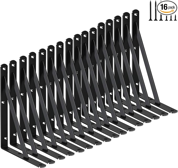 16 Pack L8 x H 6" Black Heavy Duty Shelf Brackets with Screws Metal Shelf Brackets Shelf Support Angle Brackets for Shelves L Brackets Heavy Duty Floating Shelf