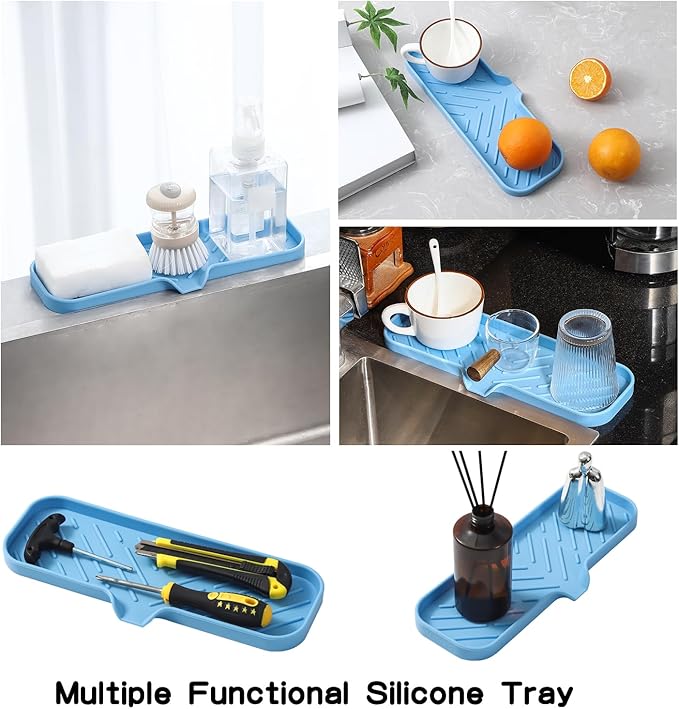 MicoYang Silicone Soap Dish with Drain Spout — Self-Draining Double Sink Organizer Tray for Kitchen & Bath, Dispensers, Sponges & Soap Holder, Non-Slip & Dishwasher Safe, Light Blue (Large, 12"×4")