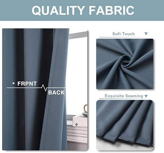 ChrisDowa Blackout Curtains 90 Inches Long for Living Room, Grommet Thermal Insulated Room Darkening Curtains for Bedroom (1 Panel Set, Stone Blue, 52W x 90L)