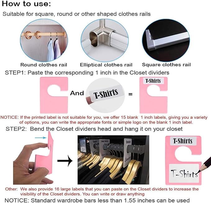10 Pack White Clothing Rack Size Dividers Plus 45 Labels (1 Inch) and 18 Large Blank Labels, Large Rectangular Clothing Closet Dividers (Pink)