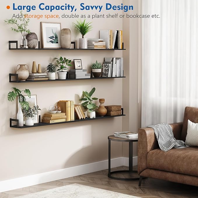 Harwaya Large Floating Book Shelves for Wall Set of 3, 36 Inch Long Wall Mount Bookshelf for Bedroom, Heavy Duty Wood Hanging Bookshelves for Books, Laundry Living Room Classroom Library -Black
