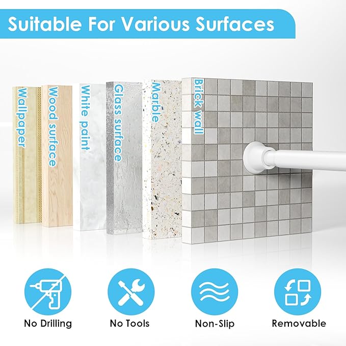 1Pcs Tension Curtain Rod 31 To 76 Inch White Shower Curtain Rod No Drilling Adjustable Spring Loaded Curtain Rods 7/8"Diameter Shower Rods For Bathroom Windows Bedroom Closet Doorway Door