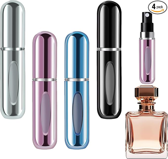 opasyo Refillable Perfume Portable Atomizer Bottle Refillable Perfume Spray, Leak-Proof Perfume Spray Bottle, Travel Perfume for Traveling and Outgoing (5ml, 4 Pack Silver/Pink/Blue/Black)
