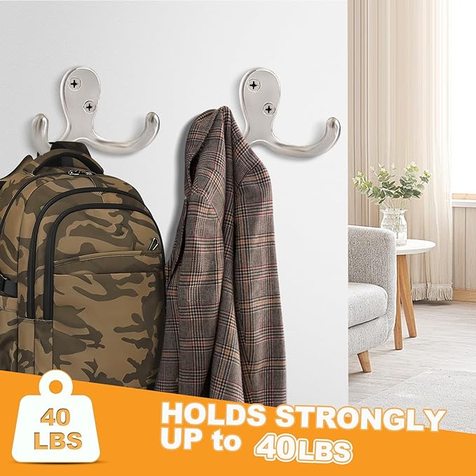 CBWLWJ 10 Pack Coat Hooks Wall Hooks for Hanging, Heavy Duty Double Prong Metal Hook Wall Mounted for Living Room, Bathroom, Kitchen, Bedroom for Coat, Bag, Scarf, Towel, Hat, Key, Cup (Silver)