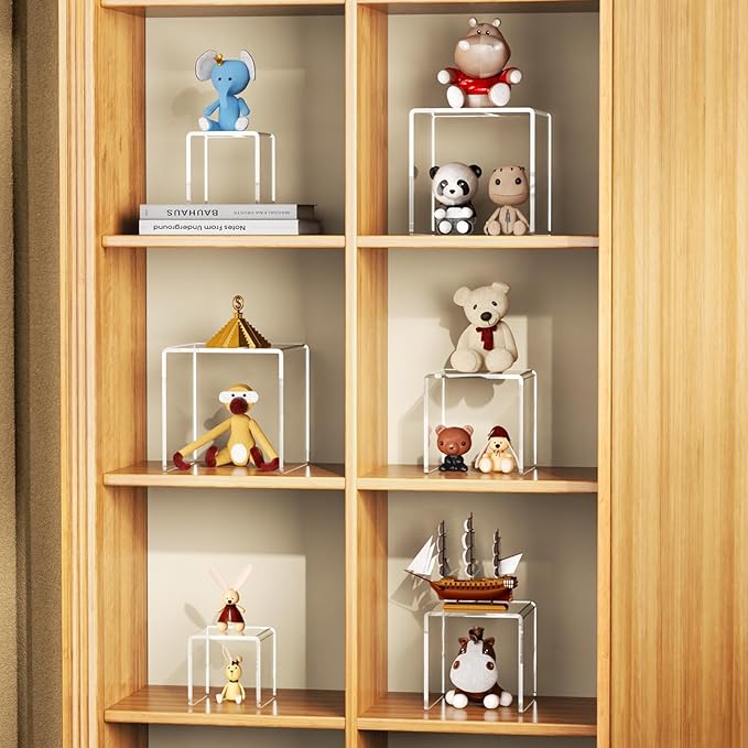 NIUBEE Acrylic Display Risers Stand 2 Sets,3 Steps Clear Riser Shelf Showcase for Amiibo Funko POP Figures -3"x3"x5"