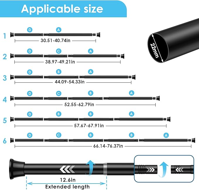 1Pcs Tension Curtain Rod 31 To 76 Inch Black Shower Curtain Rod No Drilling Adjustable Spring Loaded Curtain Rods 7/8"Diameter Shower Rods For Bathroom Windows Bedroom Closet Doorway Door