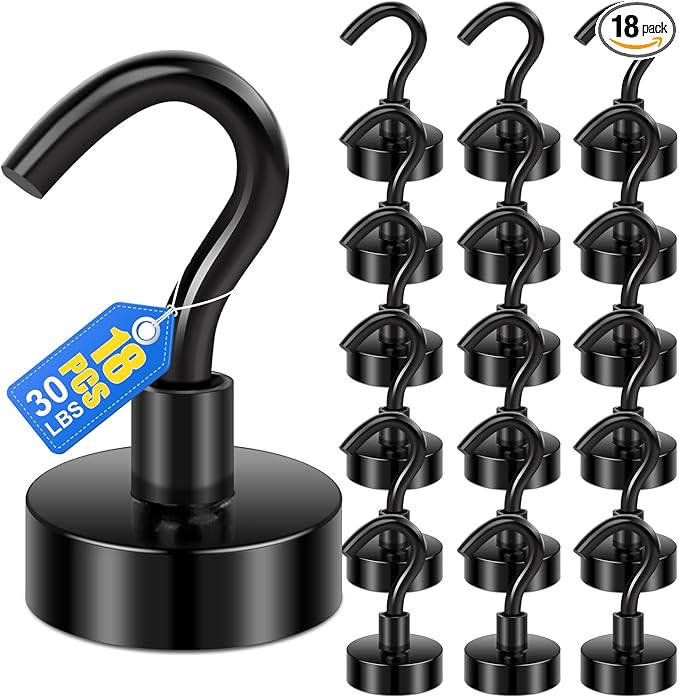LOVIMAG Magnetic Hooks，30Lbs Black Magnet Hooks for Cruise Cabin, Magnetic Hooks for Hanging, Fridge, Classroom, Refrigerator, Ceiling, Office, Kitchen. Grill, Garage-18Pack