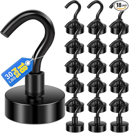 LOVIMAG Magnetic Hooks，30Lbs Black Magnet Hooks for Cruise Cabin, Magnetic Hooks for Hanging, Fridge, Classroom, Refrigerator, Ceiling, Office, Kitchen. Grill, Garage-18Pack