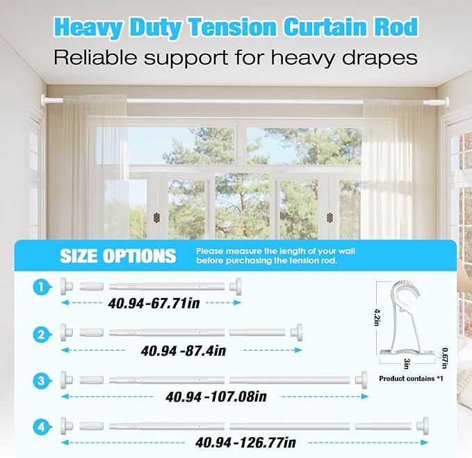 White Tension Curtain Rods 41-126 In Extra Long Outdoor Patio Curtain Rods No Drilling Adjustable Heavy Duty Tension Rods for Windows Bathroom Living Room Curtains, Rod Diameter 1.26In