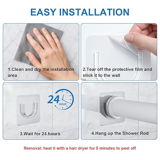12 Pack Shower Rod Holder with Strong Adhesive, Shower Curtain Rod Holder No Drilling, Shower Bar Holder,Tension Curtain Rod Bracket, Small