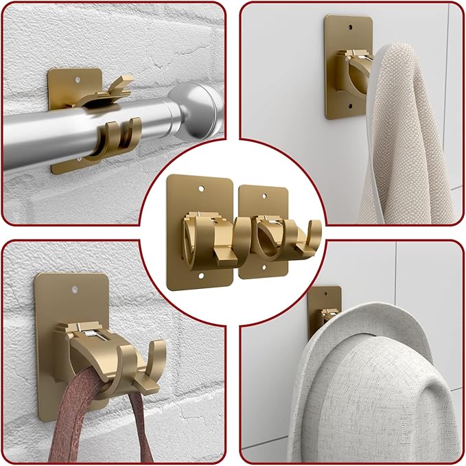 CIEMGNZOC 4PCS No Drill Curtain Rod Brackets, Gold Plastic, Self-Adhesive & Screw Mount, Holds Up To 20 Pounds, Suitable For Rods Up To 1.57 Inch Diameter