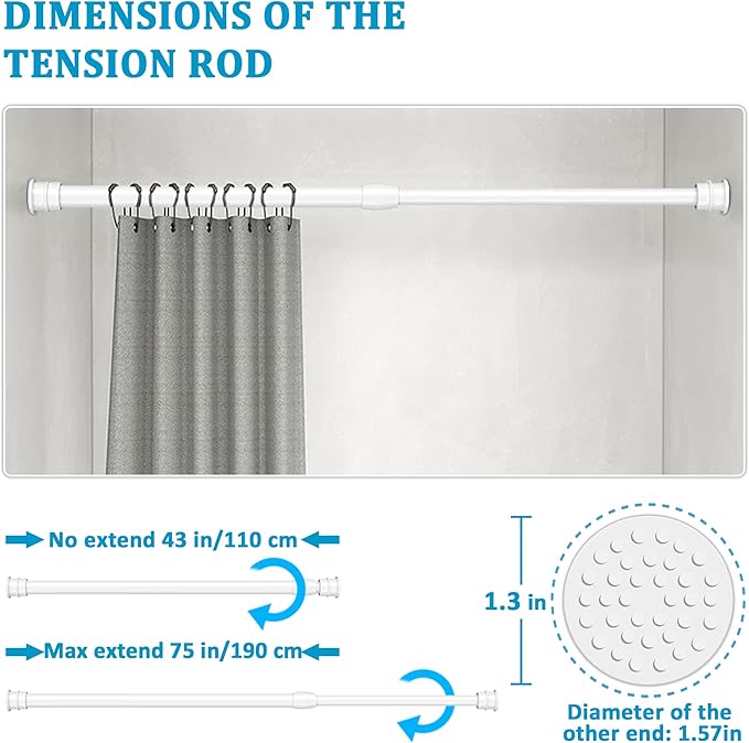 Spring Tension Curtain Rod 43-75 Inches White, Adjustable Extension Shower Curtain Rod No Drilling Heavy Duty Window Curtain Tension Rod for Windows, Bathroom, Curtain, Doorways