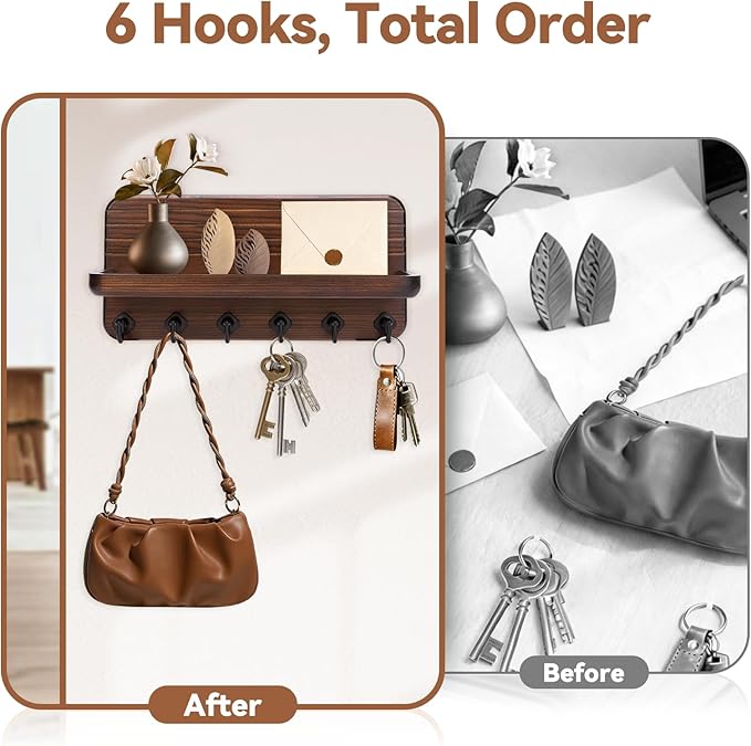 Key Holder for Wall, Mail Organizer Wall Mount with 6 Hooks Wooden Hanging Key Rack for Home Decor, Hallway, Entryway (Brown)