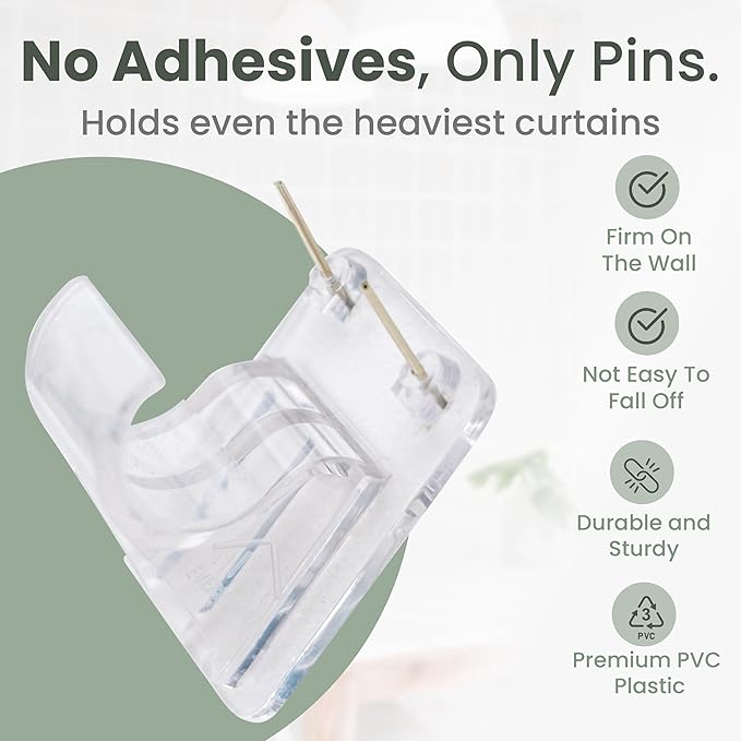 No Adhesive Heavy Duty Curtain Rod Holders with Wide Hook, 5X Stronger Than Adhesive Curtain Rod Hooks,Tension Curtain Rod Bracket for Wall with Pin Guide, Curtain Wall Mount (8 Pack, for 0.75" Rods)