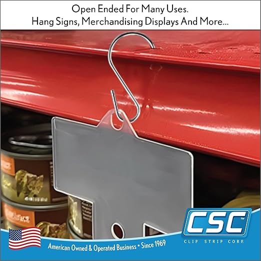 Clip Strip 100 Pack S Hooks for Hanging Displays in Retail, 1.8125" L, Open Ended Version, Use at Home Hanging Jewelry, Kitchenware, Keys, SH-50