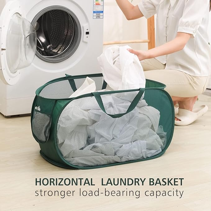 Pop Up Laundry Hamper,Collapsible Horizontal Baskets with Handles & Side Pocket,Foldable Sturdy mesh for Laundry Room,Bathroom,Kids Room,College Dorm or Travel (White)