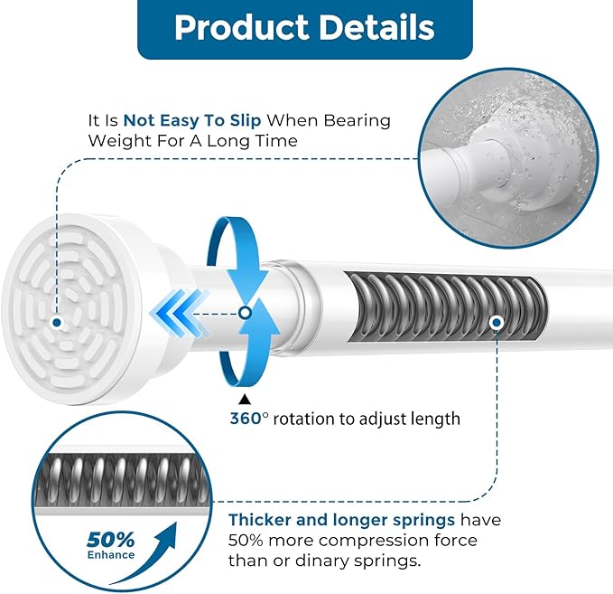 AIZESI 32-64 Inch Tension Curtain Rod No Drilling White Spring Loaded Curtain Rods Adjustable Tension Rod for Window Bathroom Doorway Closet Storage