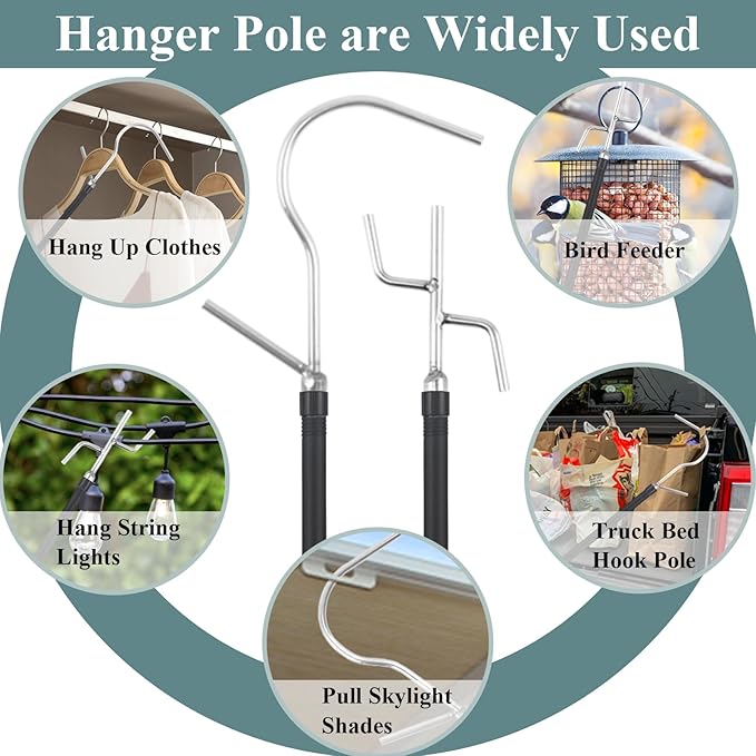 Clothes Hook Pole Heavy Duty,32 to 80In Retail Clothing Hook Pole Long Handle with 2 Hooks Hanging Birdfeeder Frosted Tube Extension Pole to Reach High Hangers for Turck (Black Tube)