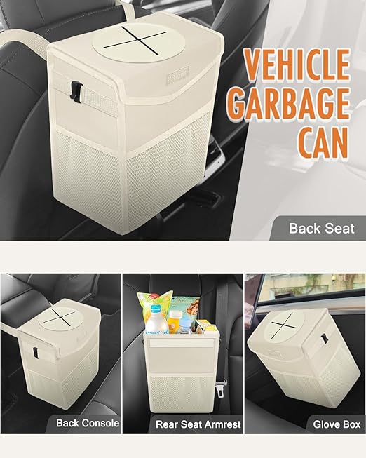 Pritent Car Trash Can with Lid, Cute Leakproof Car Trash Garbage Bag Hanging Vehicle Trash Bin Small Portable Automotive Garbage Cans Organizer for Back/Front Seat(4 Gallons,Beige)