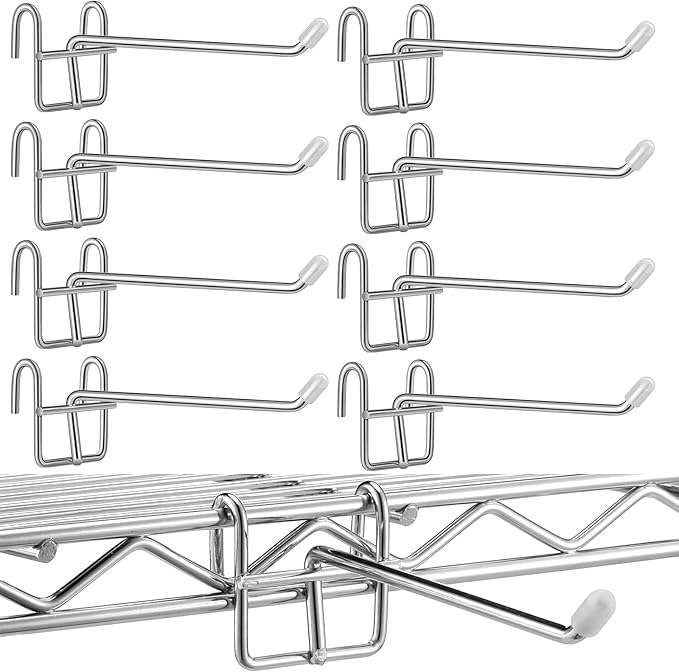 MorningRo 8 Pcs Accessory Hooks for Wire Shelving with Rubber Cover Heavy Duty Metal Hooks for Hanging Kitchen Utensils Wire Shelf Accessories Room Organization (Silver)