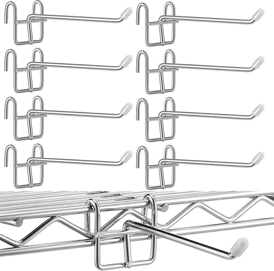MorningRo 8 Pcs Accessory Hooks for Wire Shelving with Rubber Cover Heavy Duty Metal Hooks for Hanging Kitchen Utensils Wire Shelf Accessories Room Organization (Silver)