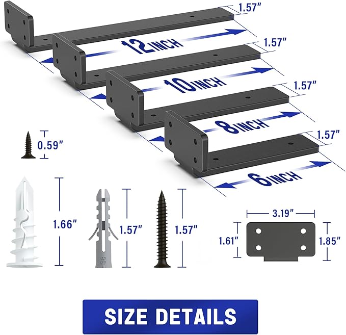 Goovilla Shelf Bracket, Heavy Duty Floating Shelf Brackets 12 inch Long, 6 Pack Brackets for Shelves, Black Coated Metal Wall Shelf Support Brackets with 1/5 Inch Thick and 160 lb. Load Capacity