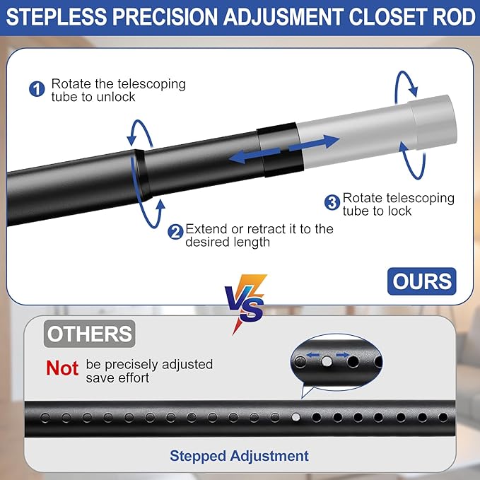17 to 84 Inch Closet Rods for Hanging Clothes with Screwdriver, Stepless Adjustable Closet Rod Heavy Duty, 1.3 Inch Clothes Hanging Rod Metal Closets Pole Bar for Wardrobes Laundry Bathroom RV, Black
