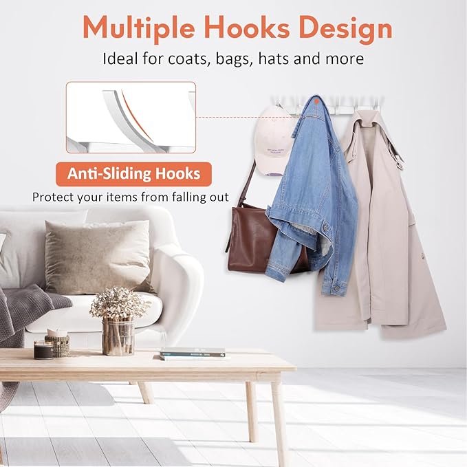 Optish Coat Rack Wall Mount, Coat Hook Wall Mount, Wall Hooks for Hanging, Hat Rack for Walls, Coats Hanger with 12 Hook, Towel Hooks for Bathrooms (2 Pack, Silver)