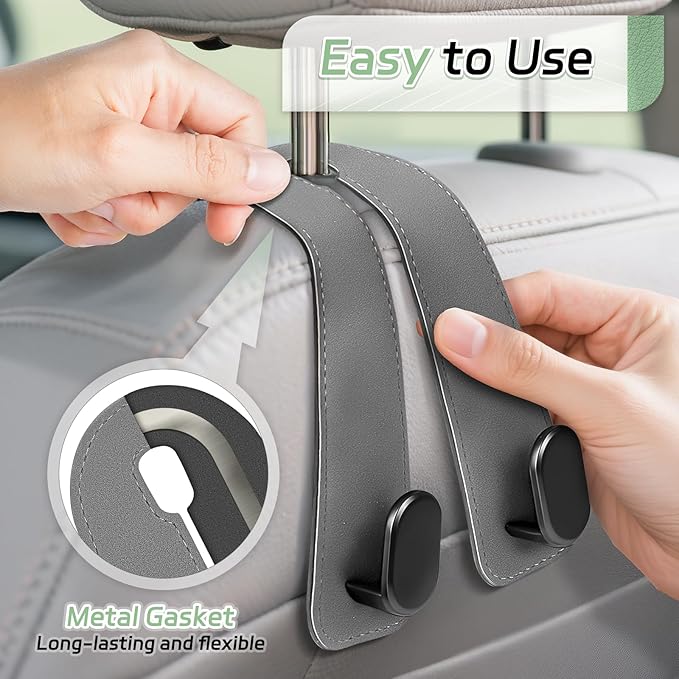 Car Seat Headrest Hooks - 4 Pack Universal Car Purse Hook, Leather Car Bag Purse Holder with Double Metal Hooks for Handbags, Grocery Bags, Bottles, Phones, Gray