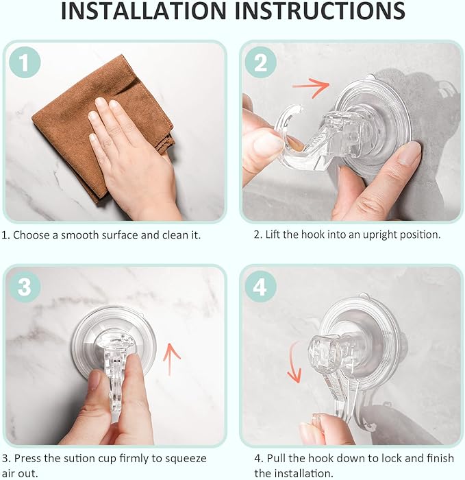 VIS'V Suction Cup Hooks, Small Shower Suction Hooks, Heavy Duty, Removable and Reusable, Clear, 4 Pcs