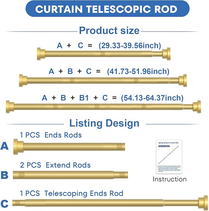 Tension Curtain Rod 30-64 Inch Gold Adjustable Curtain Rods No Drilling Expandable Pressure Spring Tension Curtain Rod 7/8" Spring Loaded Curtain Rods For Windows Bedroom Closet Doorway Door